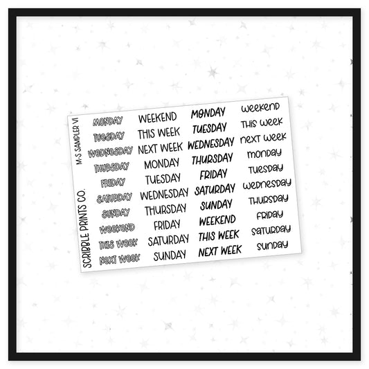 Monday-Sunday Sampler V1 // Matte Reading Journal Stickers